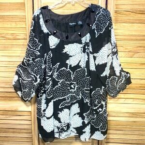 Maggie Barnes Sheer Sleeves Lined Blouse Plus Size 2x Black White